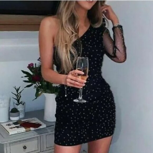 Zara Glitter Organza One Sleeve Mini Dress Black Size Small - Picture 1 of 10